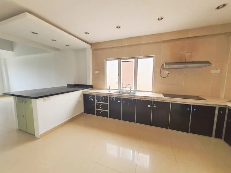 Kitchen features: black cabinetry with blue and green knobs, white countertop, stainless-steel range hood, built-in cooktop, single-bowl stainless-steel sink, window above sink, cream tiled backsplash, cream tiled flooring, recessed ceiling lights, open layout to living area; style: modern.