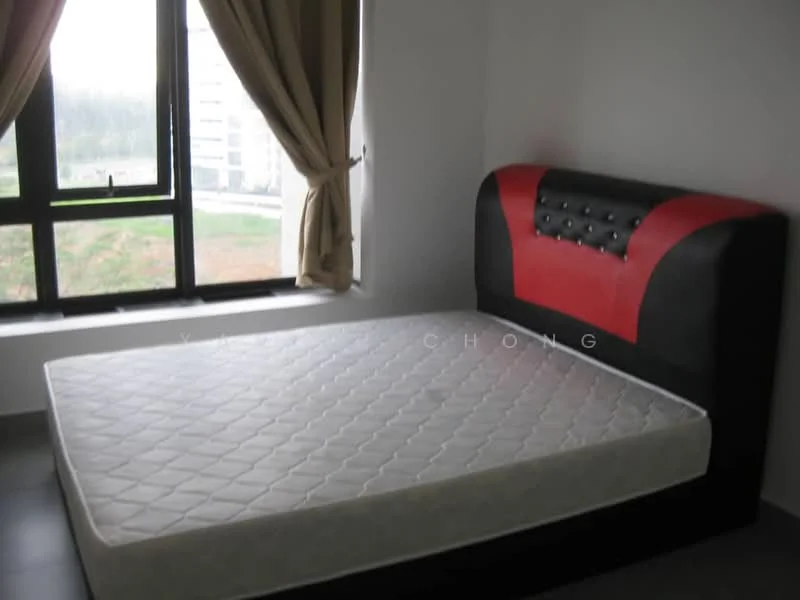 Bedroom features: king-size bed frame with black and red upholstery, window with black frame, curtains in beige, grey tiled flooring, unmade mattress, plain white walls, view of green landscape outside; style: modern; view: garden.