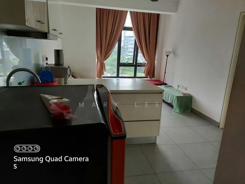 Kitchen features: white cabinetry, grey countertop, stainless-steel fridge, kitchen island, tile flooring, floor-to-ceiling window, curtains, light fixture, sink, stainless-steel sink, kettle, microwave; style: modern; view: garden.