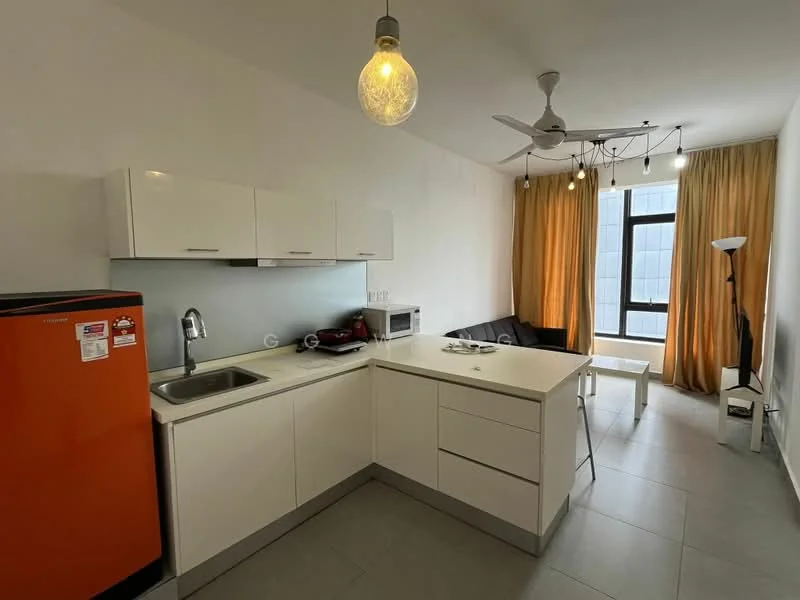 Kitchen features: white cabinetry, stainless-steel sink, chrome pull-down faucet, white quartz countertop, red fridge, built-in microwave, ceramic tile flooring, recessed downlights, ceiling fan, pendant light, grey sofa, white coffee table, floor-to-ceiling window with sheer curtains; style: modern; view: city.