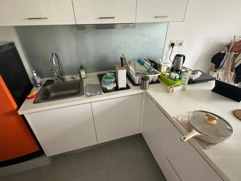 Kitchen features: single-bowl stainless-steel sink, chrome pull-down faucet, white cabinetry, grey countertop, glass backsplash, built-in oven, freestanding range oven, microwave, toaster, kettle, various kitchen utensils, dish rack, cutting board, storage containers; style: modern.