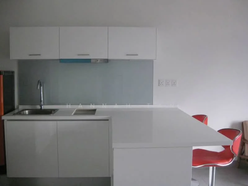 Kitchen features: white cabinetry, white countertop, single-bowl stainless-steel sink, chrome pull-down faucet, glass backsplash, stainless-steel range hood, built-in stove, bar seating with red chairs; style: modern.