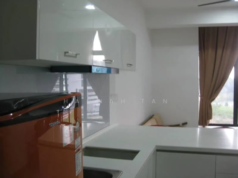 Kitchen features: white cabinetry with glossy finish, white countertop, stainless-steel sink, chrome faucet, built-in stove, orange refrigerator, window with view, curtains, open layout; style: modern; view: garden.