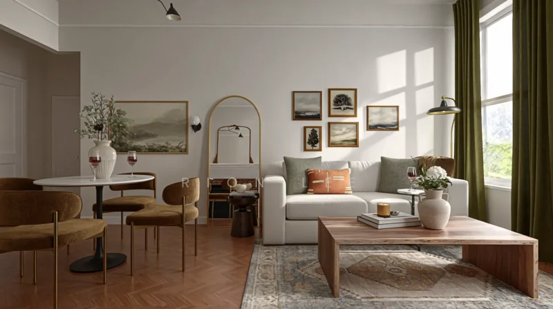 Living features: white fabric sofa, wood coffee table, round dining table, 4 upholstered dining chairs in brown, decorative throw pillows, framed artwork on walls, green curtains, wooden flooring, table lamp, vase with flowers, wine glasses on table, area rug with geometric pattern, floor lamp; style: modern; view: garden.