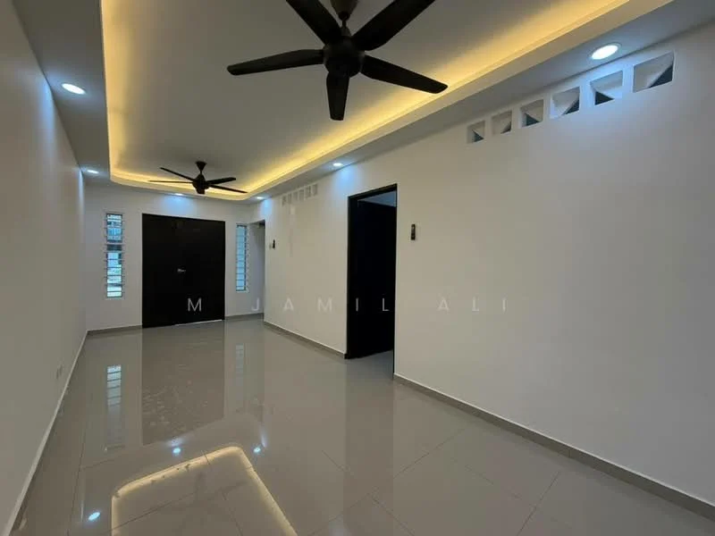 Room features: white painted walls, grey tiled flooring, 2 ceiling fans, recessed LED lighting, black front door, small windows with grills, wall sconces, decorative wall cutouts; style: modern.