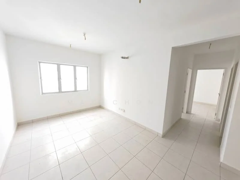 Room features: white painted walls, tile flooring, floor-to-ceiling windows, natural light, no visible furniture, plain ceiling, light fixtures, neutral color scheme; style: minimalist.