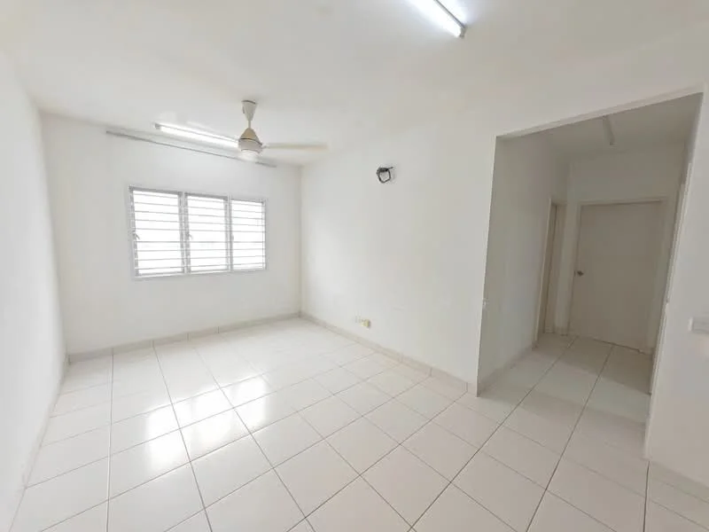 Room features: white painted walls, white ceiling, ceiling fan, tile flooring, two windows with horizontal slats, light fixture on ceiling, doorway leading to another room; style: minimalist.