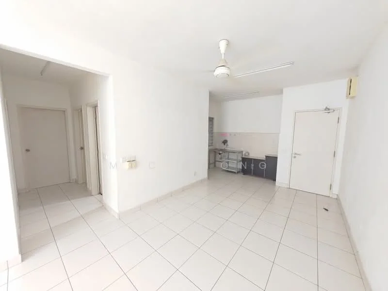 Room features: white painted walls, white tiled flooring, ceiling fan, doorway leading to another room, kitchen area visible, window with natural light, light switch on wall, air conditioning unit; style: modern.