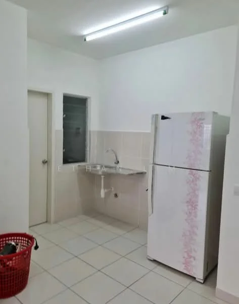 Kitchen features: white painted walls, ceramic tile flooring, single-bowl stainless-steel sink, chrome pull-down faucet, white fridge, countertop with tile cladding, door leading to hallway, window with no visible treatment, red laundry basket.