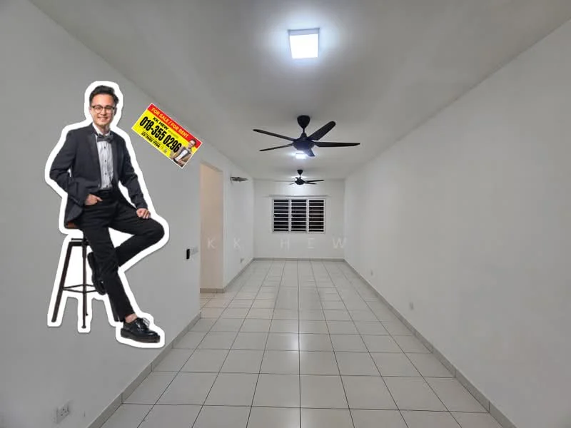 Room features: white painted walls, tile flooring, ceiling with recessed lighting, 2 ceiling fans, large windows, open layout, neutral color scheme; style: modern.
