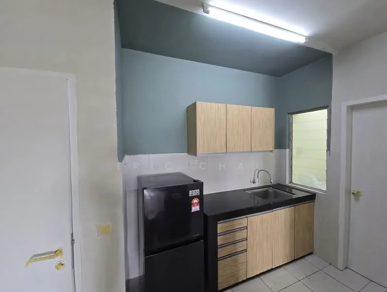 Kitchen features: single-bowl stainless-steel sink, chrome pull-down faucet, black fridge, wood cabinetry with light wood finish, countertop with tile backsplash, white tiled flooring, fluorescent ceiling lights, window with natural light; style: modern.
