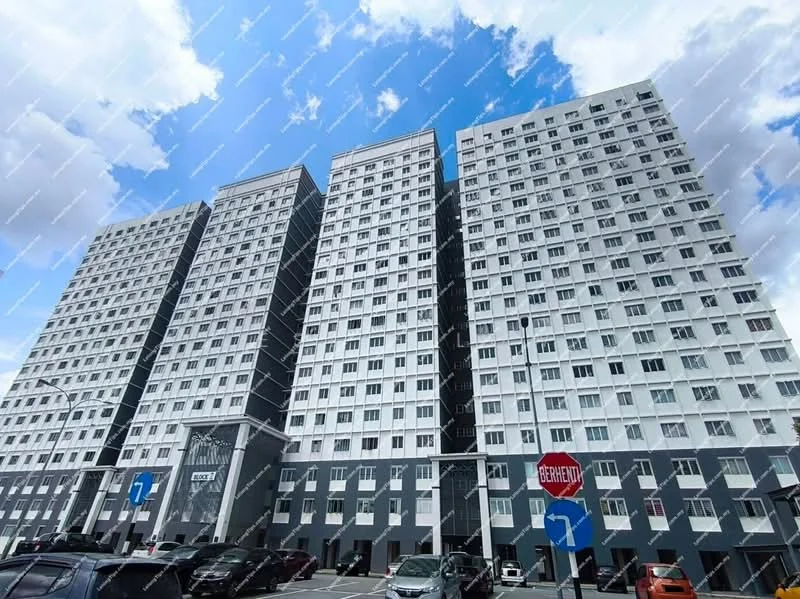 Exterior type: high-rise condominium; features: grey and white painted facade, multiple storeys, large windows, balconies on upper floors, parking lot in front, surrounded by urban environment, signage visible, cloudy sky, street signage, modern architectural design; style: modern.