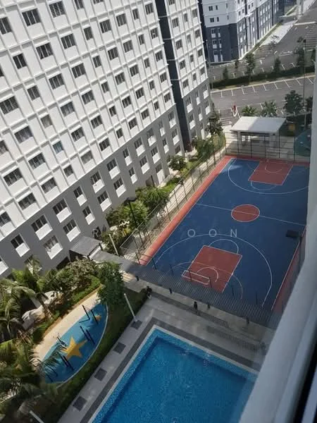 Exterior type: high-rise condominium; features: basketball court with painted lines, swimming pool with blue water, landscaped garden with palm trees, children's playground with play equipment, manicured lawn, surrounding residential buildings, parking lot visible in background; style: modern.
