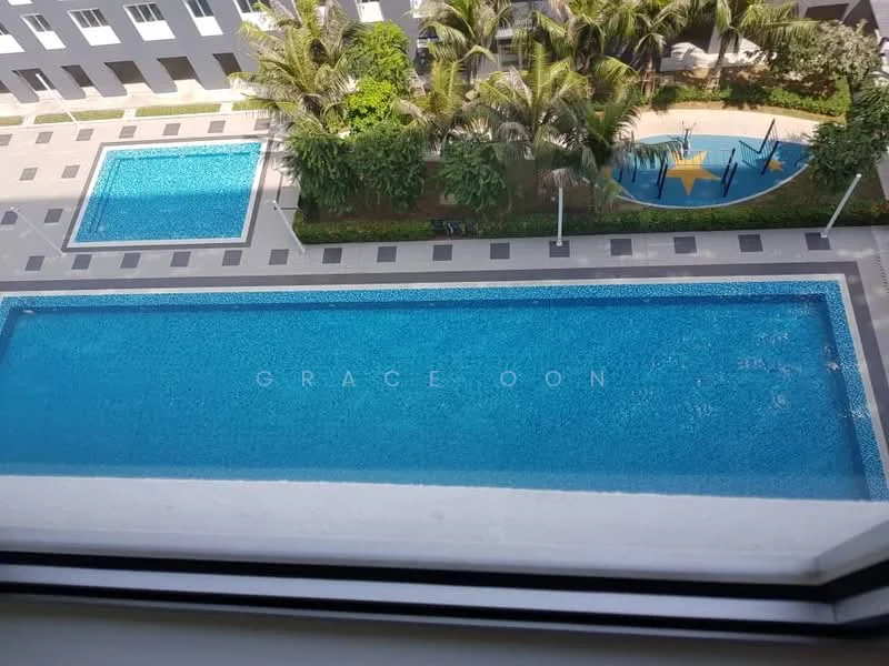 Exterior type: swimming pool deck; features: infinity pool, children's playground, landscaped garden, tropical landscaping, paved walkway, surrounding palm trees; style: modern.