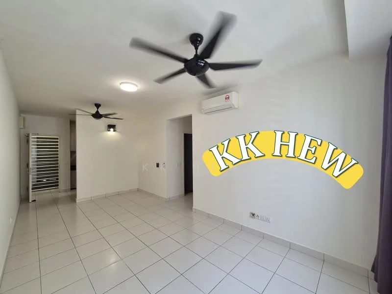 Living features: white painted walls, ceramic tile flooring, 2 ceiling fans, 1 wall-mounted split AC, recessed ceiling lights, neutral color curtains, open layout, doorway leading to another room; style: modern.