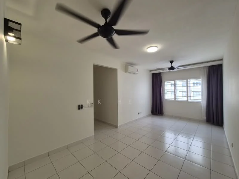 Living features: white painted walls, tile flooring, 2 ceiling fans, 1 wall-mounted split AC, 2 windows with white frames, grey curtains, recessed ceiling lights, light fixture on wall; style: modern.