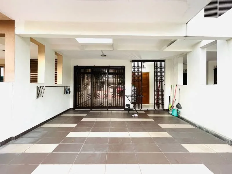 Exterior type: car porch; features: tiled flooring in grey and cream, metal grille gate, open-air design, ceiling lights, wall-mounted hooks, clean white walls, spacious layout, utility area with cleaning tools; style: modern.