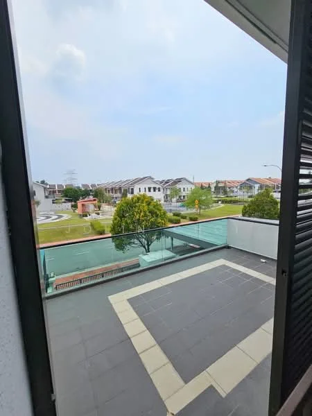Room features: sliding glass door, glass balcony railing, grey tiled flooring, outdoor view, greenery visible, residential neighborhood view; style: modern; view: garden.