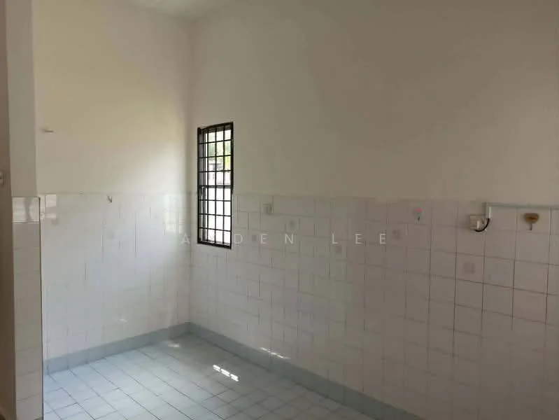 Room features: white painted walls, white tiled walls, light grey tiled flooring, small window with black metal grille, no visible appliances or fixtures.