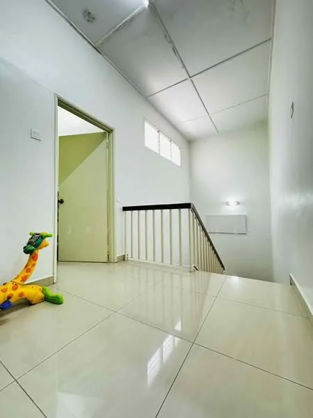 Hallway features: white painted walls, glossy tile flooring, ceiling lights, staircase with white railing, doorway to another room, small window, air conditioning unit, decorative toy giraffe; style: modern.