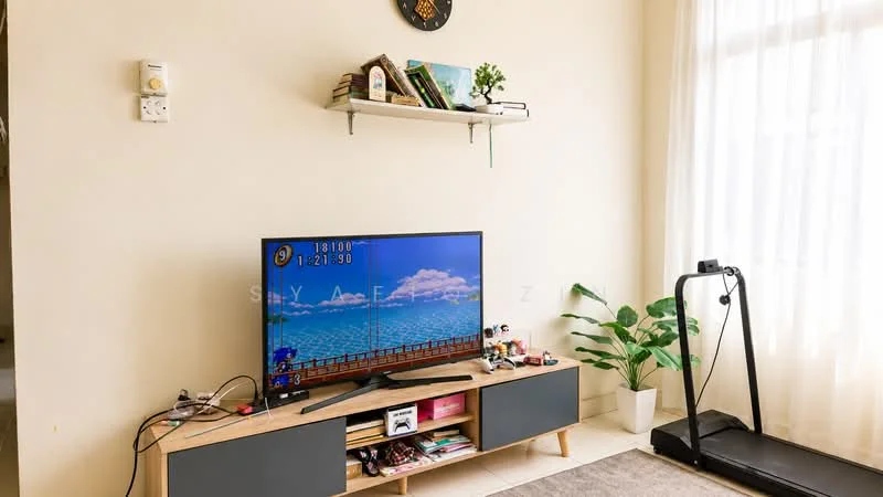 Living features: light beige painted walls, cream tiled flooring, floor-to-ceiling windows with sheer curtains, wall-mounted TV, TV console with storage, decorative shelf above TV, indoor plant in ceramic pot, treadmill, area rug, decorative wall clock; style: modern.