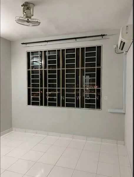 Room features: white painted walls, white tiled flooring, floor-to-ceiling windows, window with metal grilles, 1 wall-mounted split AC, ceiling fan, curtain rod, city view visible through window; style: modern; view: city.