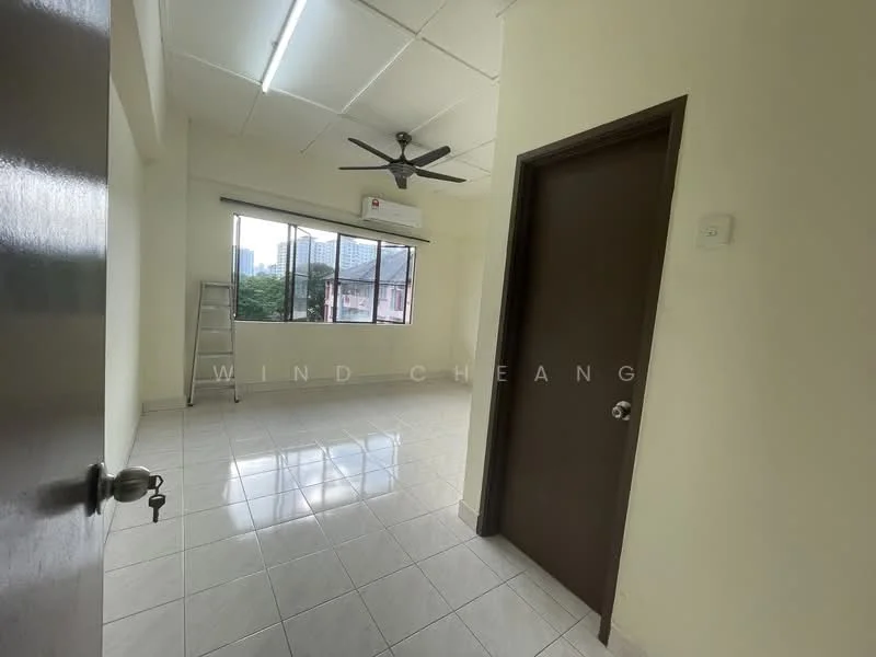 Room features: white painted walls, glossy ceramic tile flooring, 5-blade ceiling fan, floor-to-ceiling window, window with city view, air conditioning unit, single door, metal shelving unit, light-colored ceiling, neutral decor; style: modern; view: city.