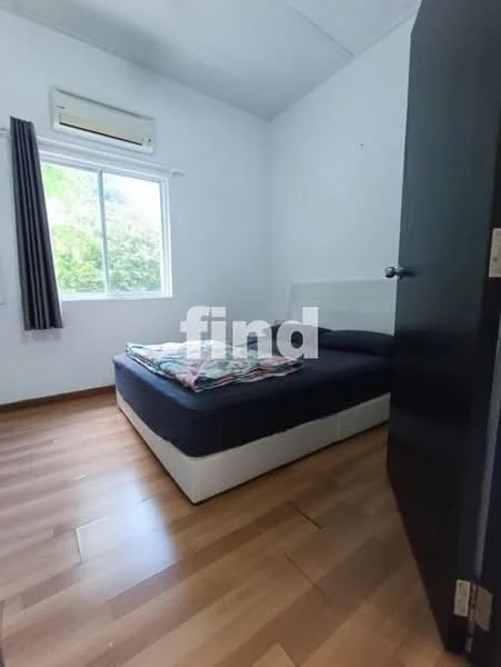 Bedroom features: single bed, wooden flooring, white painted walls, window with view of greenery, blackout curtains, air conditioning unit, bedside table, bedding with patterned cover; style: minimalist; view: garden.