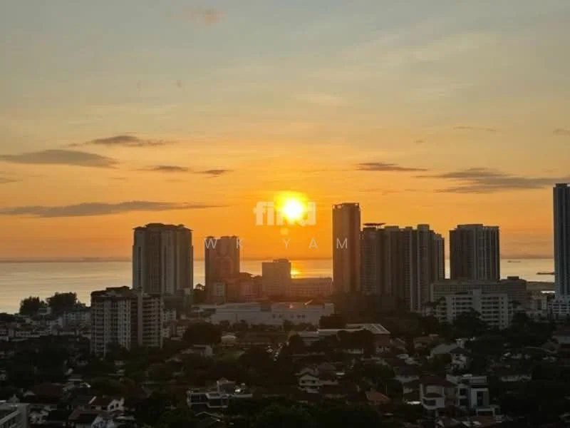 Exterior type: high-rise condominium; features: city skyline, sunset view, waterfront, multiple high-rise buildings, urban landscape, mixed-use development; style: modern.
