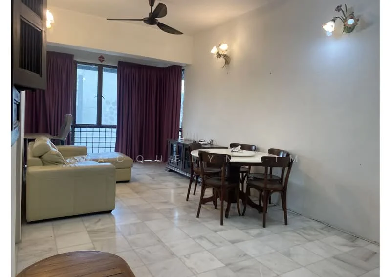 Living features: marble tile flooring, white painted walls, 5-blade ceiling fan, sofa in cream leather, wooden dining table for 4, 4 wooden dining chairs, TV console, floor-to-ceiling windows with sheer curtains, curtains in burgundy, wall sconces, decorative light fixtures; style: modern.