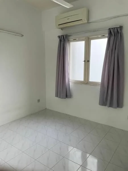 Room features: white painted walls, glossy ceramic tile flooring, 2 windows with sheer curtains, 1 wall-mounted split AC, light grey curtains, ceiling fan, no visible furniture or decor; style: minimalist.