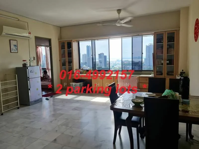 Living features: marble flooring, floor-to-ceiling windows, city view, 5-blade ceiling fan, dining table with chairs, wooden cabinetry, refrigerator, open layout, natural light, decorative wall art; style: modern; view: city.