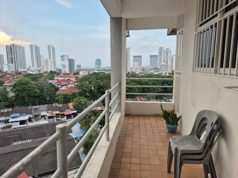 Room features: balcony, tile flooring, metal railing, city skyline view, potted plant, plastic chair; view: city.