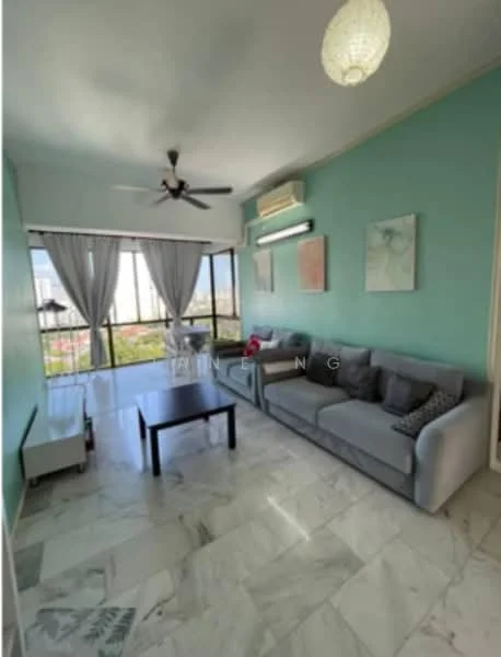Living features: grey fabric sofa, coffee table, marble flooring, 5-blade ceiling fan with light, floor-to-ceiling windows, sheer curtains, wall-mounted air conditioning unit, decorative artwork on walls; style: modern; view: city.