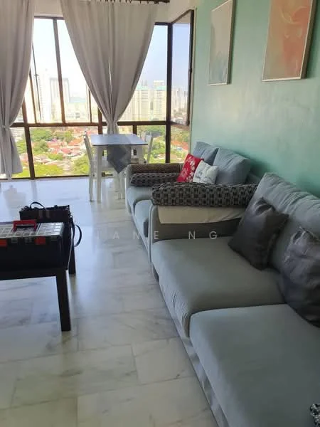 Living features: marble flooring, light blue painted walls, floor-to-ceiling windows, sheer curtains, 3-seater fabric sofa in grey, 2-seater fabric sofa with patterned cushion, coffee table with black surface, decorative cushions, dining table with white finish, area rug; style: modern; view: city.