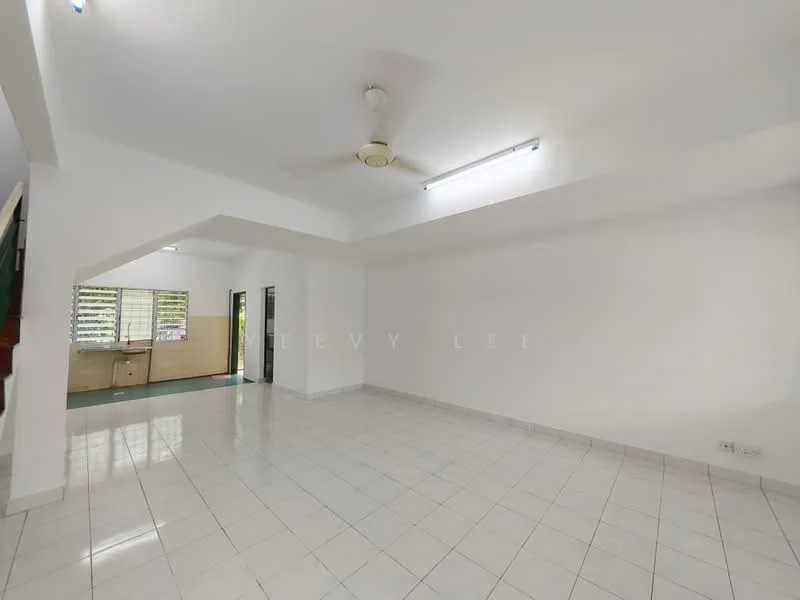 Living features: white painted walls, glossy white tile flooring, ceiling fan, recessed ceiling lights, large windows, open layout, no visible furniture, neutral decor; style: modern. Kitchen features: kitchen area visible, cabinets, countertop, sink, no visible appliances.