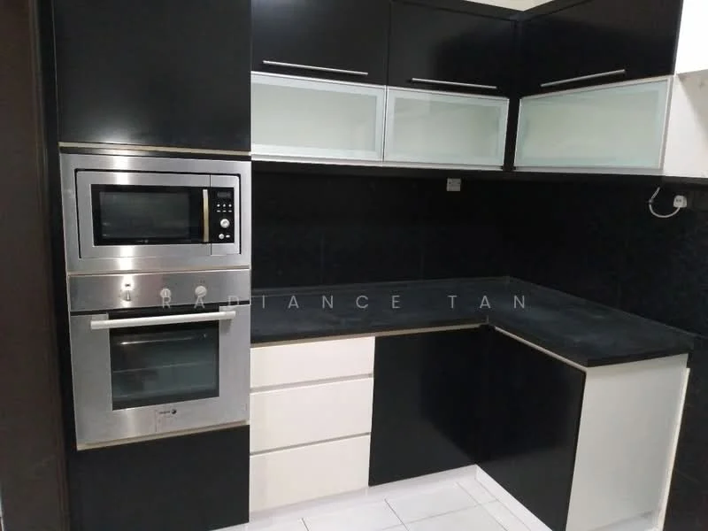 Kitchen features: black cabinetry with glass upper panels, white lower cabinetry, black countertop, built-in microwave, built-in oven, stainless-steel appliances, black tiled backsplash, white tiled flooring, under-cabinet lighting; style: modern.