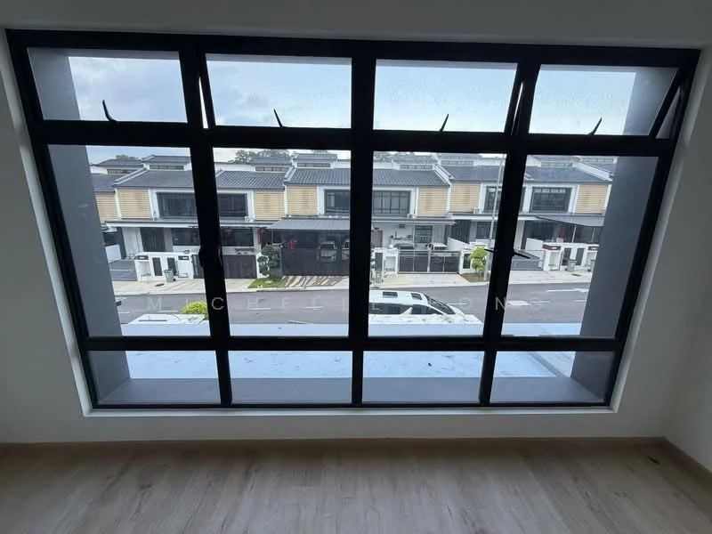 Room features: large black-framed windows, wooden flooring, view of street, natural light, modern design; style: modern; view: street.