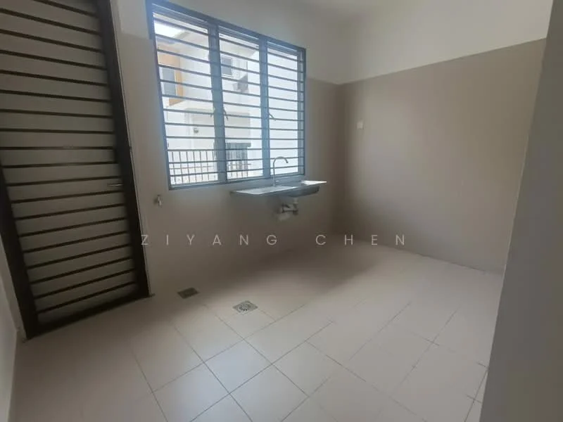 Laundry features: white painted walls, grey painted walls, tile flooring, single-bowl sink, metal window grilles, sliding door, floor drain.