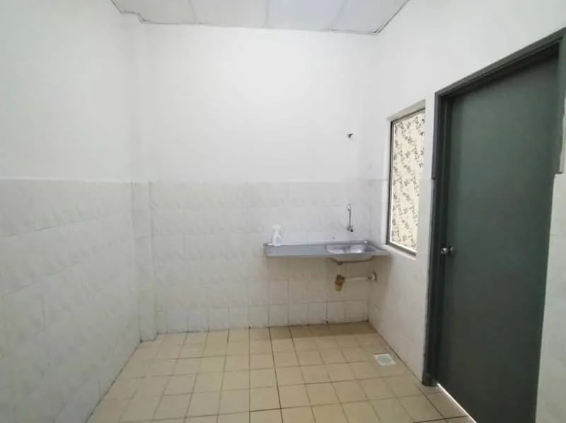 Room features: white painted walls, light grey tiled flooring, single-bowl stainless-steel sink, wall-mounted faucet, window with patterned treatment, door with grey finish.