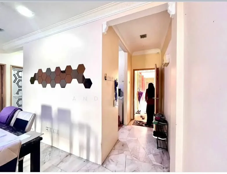 Room features: hexagonal wall decor, cream painted walls, marble flooring, doorway leading to another room, visible hallway, light fixture on ceiling, open space layout; style: modern.