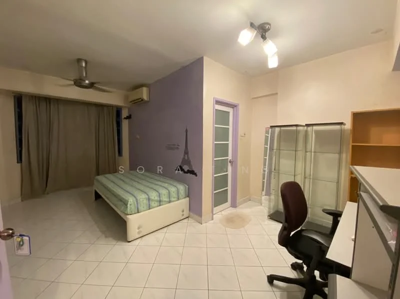 Bedroom features: queen-size bed with green striped bedding, white painted walls, purple accent wall, ceiling fan with light, window with sheer curtains, built-in wardrobe with sliding doors, study desk, office chair, tile flooring; style: modern.