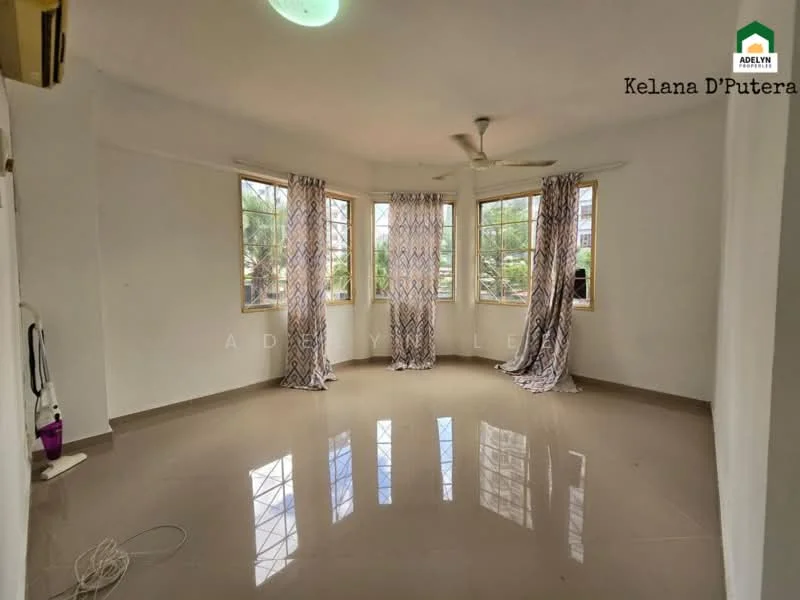 Living features: white painted walls, glossy tile flooring, ceiling fan, floor-to-ceiling windows, curtains with geometric pattern, natural light from multiple windows, neutral color scheme, open layout; style: modern; view: garden.