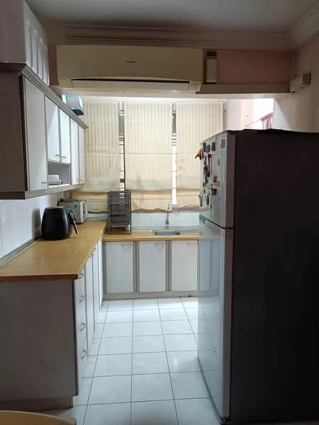 Kitchen features: white cabinetry, wood countertop, stainless-steel fridge, built-in oven, microwave, toaster, black kettle, single-bowl stainless-steel sink, chrome pull-down faucet, tile flooring, wall-mounted split AC, window with blinds; style: modern.