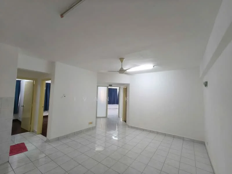 Room features: white painted walls, white ceiling, ceiling fan, ceramic tile flooring, multiple doorways, large windows, neutral color scheme, light fixtures; style: modern.