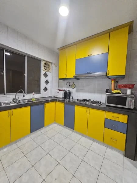 Kitchen features: yellow and blue cabinetry, grey countertop, stainless-steel sink, chrome pull-down faucet, 4-burner gas hob, built-in microwave, freestanding range oven, tile backsplash, ceramic tile flooring, window with grid pattern, wall-mounted storage rack, kitchen utensils visible; style: modern.