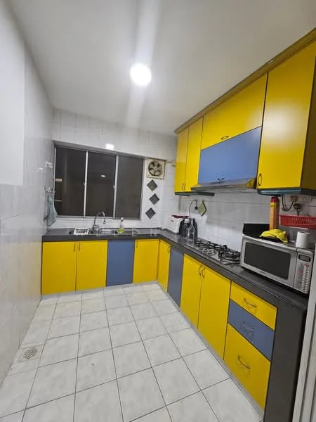 Kitchen features: yellow cabinetry, blue accent cabinetry, grey countertop, stainless-steel sink, chrome faucet, 4-burner gas hob, built-in oven, microwave, tile backsplash, white tiled walls, white tiled flooring, window with city view, light fixture, kitchen utensils on countertop; style: modern; view: city.