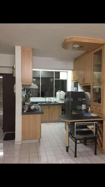 Kitchen features: light wood cabinetry, black countertop, stainless-steel sink, chrome pull-down faucet, built-in oven, microwave, ceramic tile flooring, wall-mounted cabinets, open shelving, large window for natural light, kitchen island with seating, recessed lighting; style: modern.