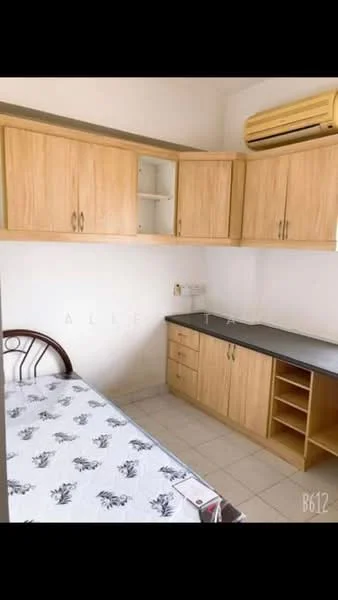 Bedroom features: single bed with floral bedding, wooden headboard, built-in wooden wardrobe with shelves, light wood cabinetry, black countertop, white tiled flooring, wall-mounted air conditioning unit, white painted walls; style: modern.