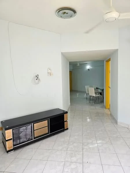 Living features: white painted walls, marble tile flooring, ceiling fan, TV console with black and gold accents, wall-mounted cable outlet, recessed ceiling light; style: modern. Room features: white painted walls, marble tile flooring, dining area visible in background, ceiling lights.
